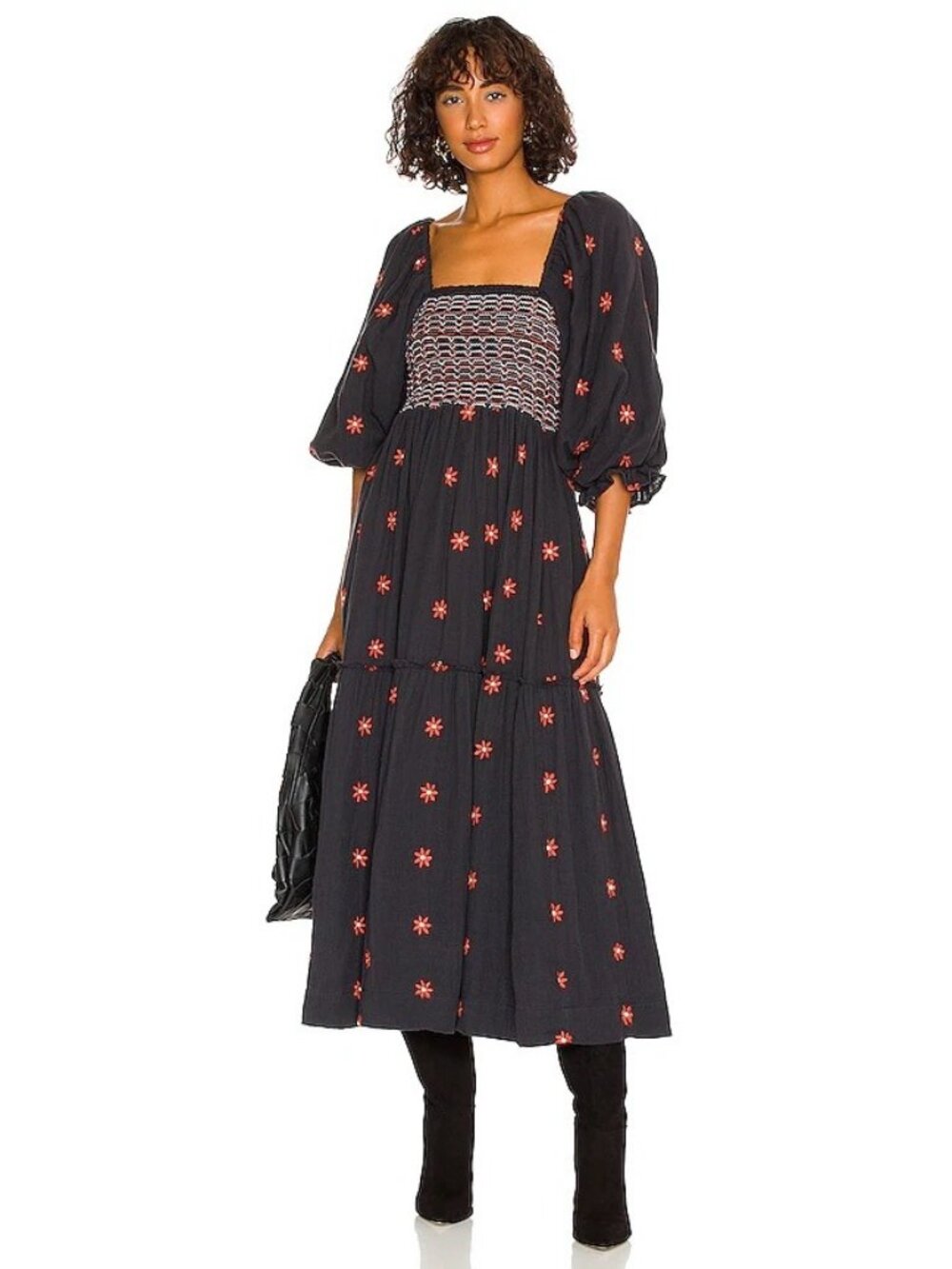 Free People Dahlia Embroidered Smocked Cotton Midi Dress Black Bohemian Floral S